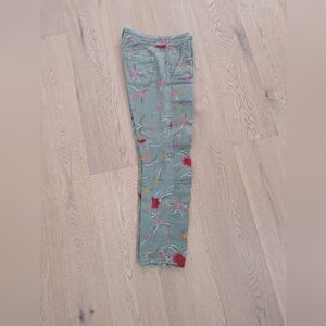 Anthropologie Green Embroidered Cropped Pants